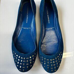 Sigerson Morrison flat suede shoes size 8 peacock blue suede studs vintage Y2K